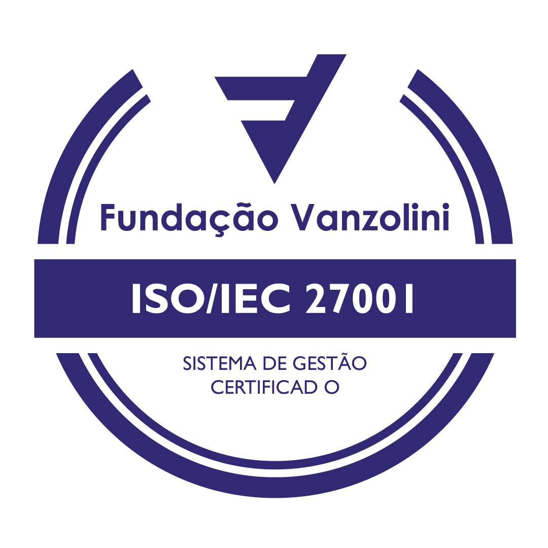 Selo de sistema de gestão certificado ISO/IEC 27001 pela Fundação Vanzolini